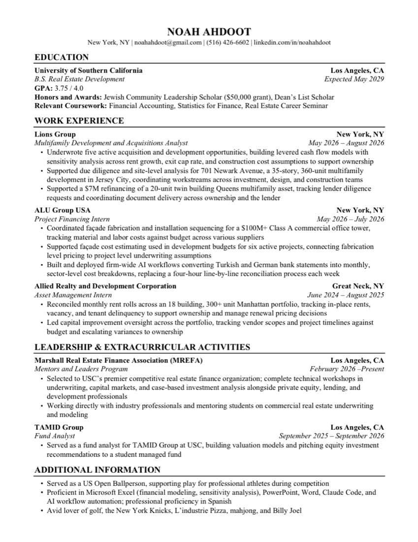 Preview of Noah Ahdoot's one-page resume